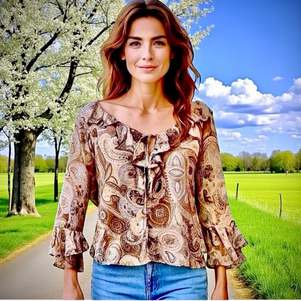 MISSIONI Vintage 80's SILK Top Blouse Button Up Sheer Sleeves Ruffles